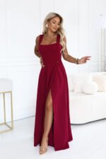 633-6 AURELIA Long dress with a leg slit and square neckline - burgundy-10