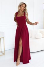 633-6 AURELIA Long dress with a leg slit and square neckline - burgundy-1