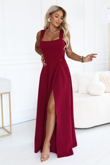 633-6 AURELIA Long dress with a leg slit and square neckline - burgundy-1