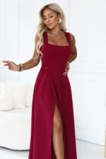 633-6 AURELIA Long dress with a leg slit and square neckline - burgundy-6