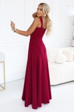 633-6 AURELIA Long dress with a leg slit and square neckline - burgundy-3