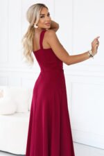 633-6 AURELIA Long dress with a leg slit and square neckline - burgundy-7