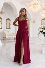 633-6 AURELIA Long dress with a leg slit and square neckline - burgundy-5