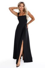 633-8 AURELIA Long dress with a leg slit and square neckline - black-11
