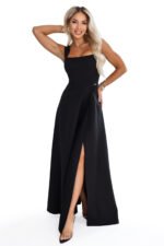 633-8 AURELIA Long dress with a leg slit and square neckline - black-11