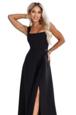 633-8 AURELIA Long dress with a leg slit and square neckline - black-12