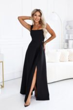 633-8 AURELIA Long dress with a leg slit and square neckline - black-9