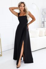 633-8 AURELIA Long dress with a leg slit and square neckline - black-1