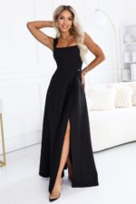 633-8 AURELIA Long dress with a leg slit and square neckline - black-1