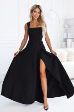 633-8 AURELIA Long dress with a leg slit and square neckline - black-4