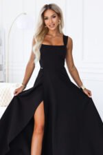 633-8 AURELIA Long dress with a leg slit and square neckline - black-8