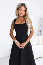 633-8 AURELIA Long dress with a leg slit and square neckline - black-2