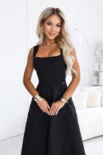 633-8 AURELIA Long dress with a leg slit and square neckline - black-2