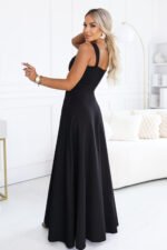 633-8 AURELIA Long dress with a leg slit and square neckline - black-3