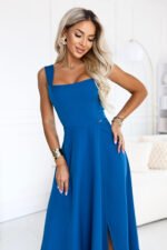 633-9 AURELIA long dress with a leg slit and square neckline - sea green-2