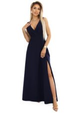 634-1 MIRA elegant maxi dress with a wrap neckline and a slit on the leg - navy blue-8