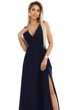634-1 MIRA elegant maxi dress with a wrap neckline and a slit on the leg - navy blue-7