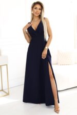 634-1 MIRA elegant maxi dress with a wrap neckline and a slit on the leg - navy blue-1