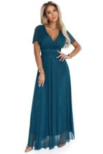 635-1 MELANIA long, shiny dress with a neckline and short sleeves - bottle green-9