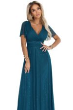 635-1 MELANIA long, shiny dress with a neckline and short sleeves - bottle green-10