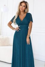 635-1 MELANIA long, shiny dress with a neckline and short sleeves - bottle green-4