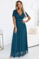 635-1 MELANIA long, shiny dress with a neckline and short sleeves - bottle green-1