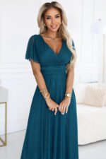 635-1 MELANIA long, shiny dress with a neckline and short sleeves - bottle green-2