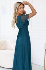 635-1 MELANIA long, shiny dress with a neckline and short sleeves - bottle green-6
