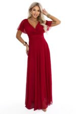 635-10 MELANIA Long glittery wedding dress with neckline and short sleeves - light burgundy-10
