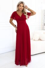 635-10 MELANIA Long glittery wedding dress with neckline and short sleeves - light burgundy-1