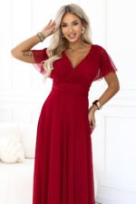 635-10 MELANIA Long glittery wedding dress with neckline and short sleeves - light burgundy-4