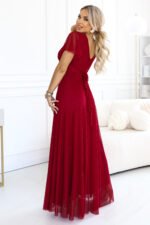 635-10 MELANIA Long glittery wedding dress with neckline and short sleeves - light burgundy-3