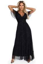635-2 MELANIA long, shiny dress with a neckline and short sleeves - black-7