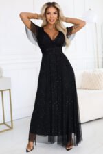 635-2 MELANIA long, shiny dress with a neckline and short sleeves - black-2