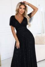 635-2 MELANIA long, shiny dress with a neckline and short sleeves - black-1