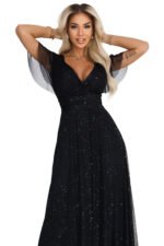 635-2 MELANIA long, shiny dress with a neckline and short sleeves - black-8
