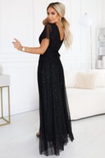 635-2 MELANIA long, shiny dress with a neckline and short sleeves - black-3