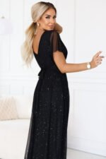 635-2 MELANIA long, shiny dress with a neckline and short sleeves - black-5