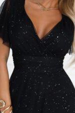635-2 MELANIA long, shiny dress with a neckline and short sleeves - black-6