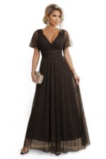 635-4 MELANIA long, shiny dress with a neckline and short sleeves - chocolate-11