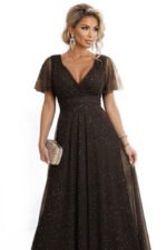 635-4 MELANIA long, shiny dress with a neckline and short sleeves - chocolate-10