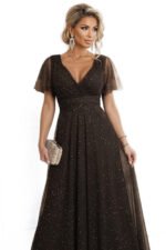 635-4 MELANIA long, shiny dress with a neckline and short sleeves - chocolate-10