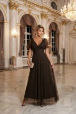 635-4 MELANIA long, shiny dress with a neckline and short sleeves - chocolate-8
