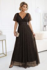 635-4 MELANIA long, shiny dress with a neckline and short sleeves - chocolate-1