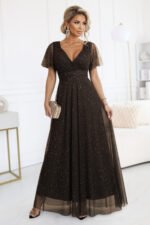635-4 MELANIA long, shiny dress with a neckline and short sleeves - chocolate-1