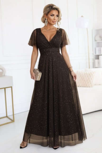 635-4 MELANIA long, shiny dress with a neckline and short sleeves - chocolate-1