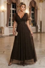 635-4 MELANIA long, shiny dress with a neckline and short sleeves - chocolate-7
