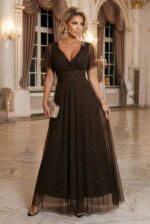 635-4 MELANIA long, shiny dress with a neckline and short sleeves - chocolate-7