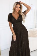 635-4 MELANIA long, shiny dress with a neckline and short sleeves - chocolate-4