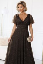 635-4 MELANIA long, shiny dress with a neckline and short sleeves - chocolate-3